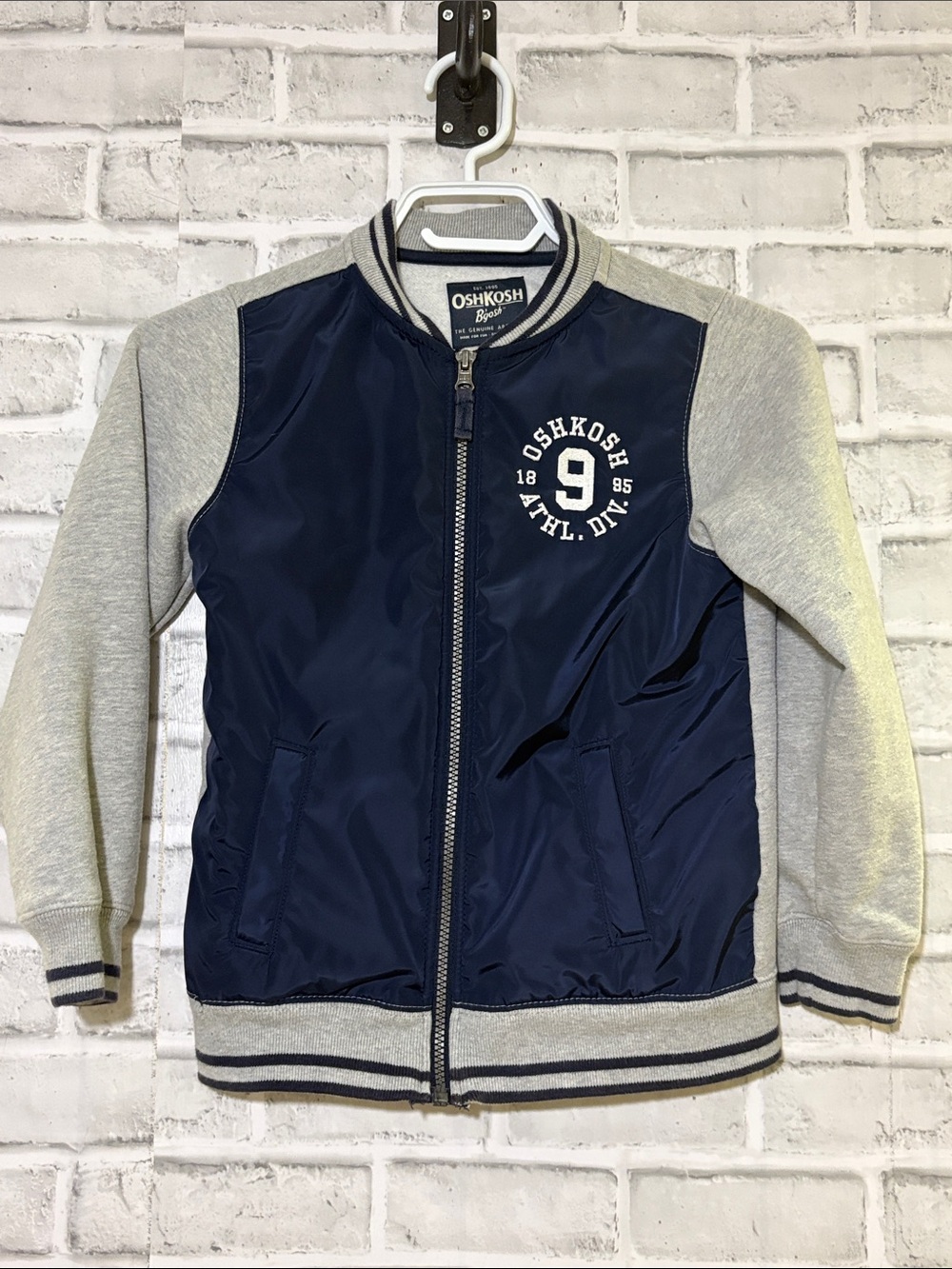 4/$20 OshKosh B'gosh Navy and Light Gray Athletic Bomber Jacket, size 7